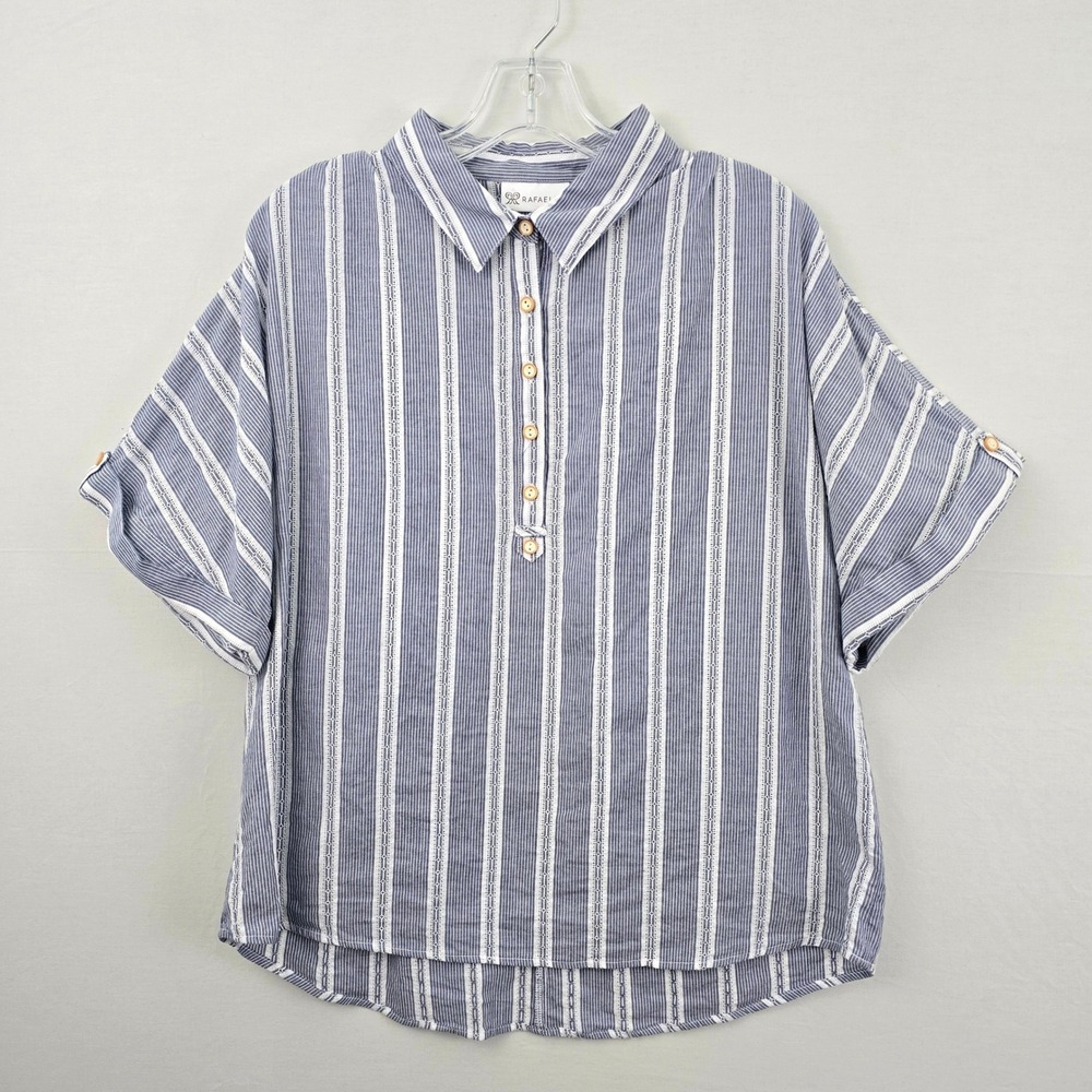 Rafaella‎ Collared Button Front Cuffed Sleeves Striped Women Shirt Blue White XL